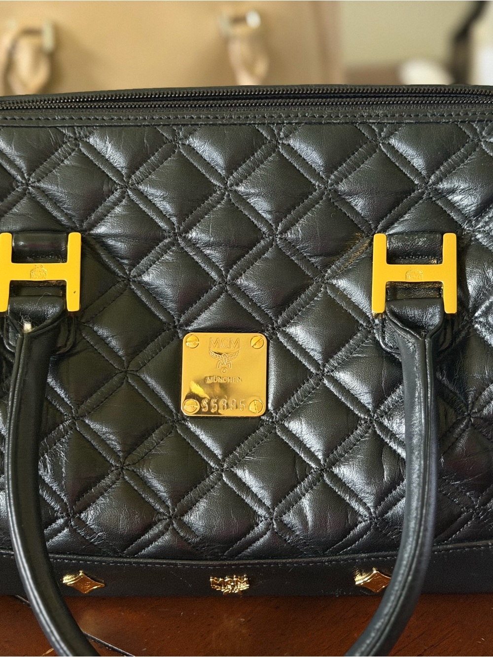 MCM Black Quilted Satchel with Gold Hardware